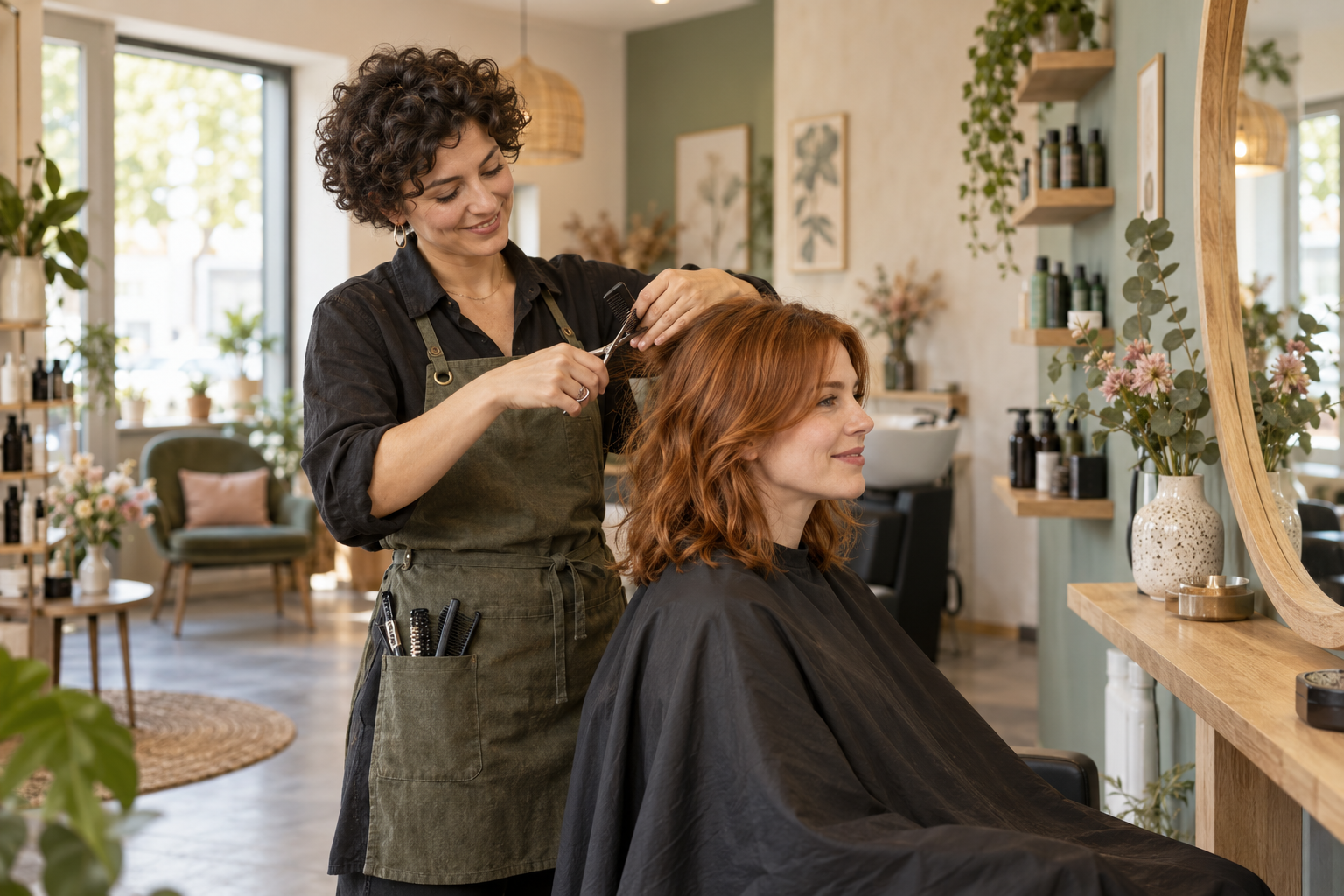 Kreative Friseurin bei der Arbeit im hellen Salon